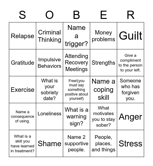 Relapse Prevention Bingo Card