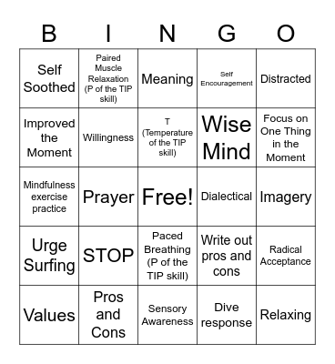 Distress Tolerance Bingo Card