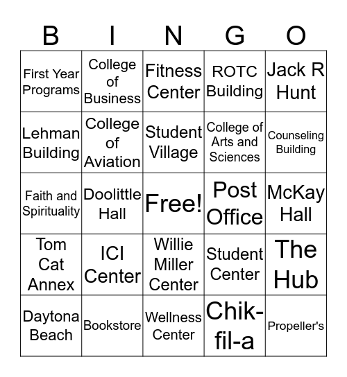 ERAU Campus Map Bingo Card