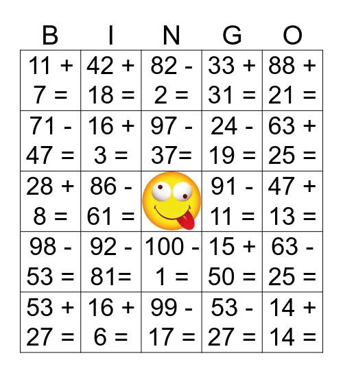 Optellen en aftrekken Bingo Card