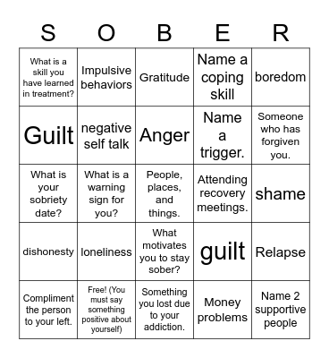 Relapse Prevention Bingo Card