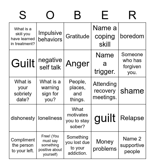 Relapse Prevention Bingo Card