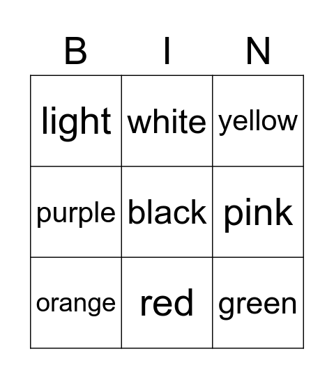 Colours Bingo Card