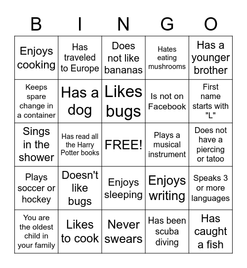 Get To Know Your Family Bingo Card