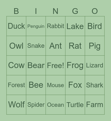 Animals Bingo Card