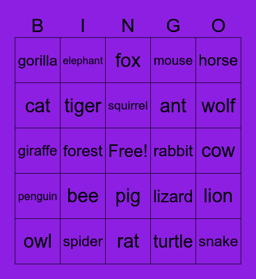 Animals Bingo Card