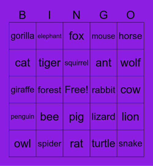 Animals Bingo Card