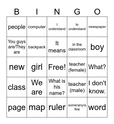 ¡Qué chévere! 1, Ch. 2A - En la clase Bingo Card
