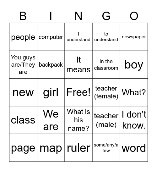 ¡Qué chévere! 1, Ch. 2A - En la clase Bingo Card