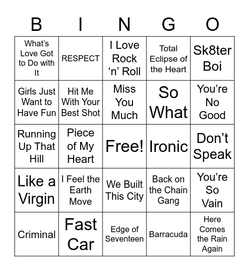 Women Rock Legends Bingo Card