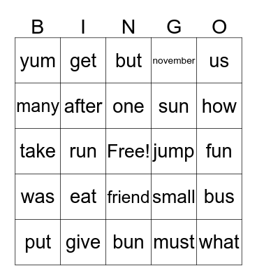 sight words  Bingo Card