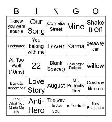 Taylor Swift Bingo Card