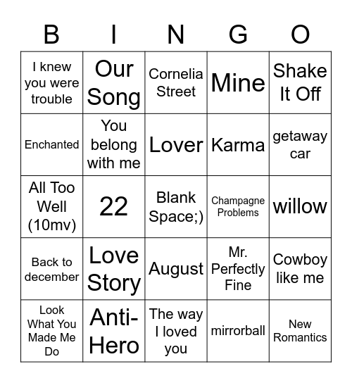 Taylor Swift Bingo Card