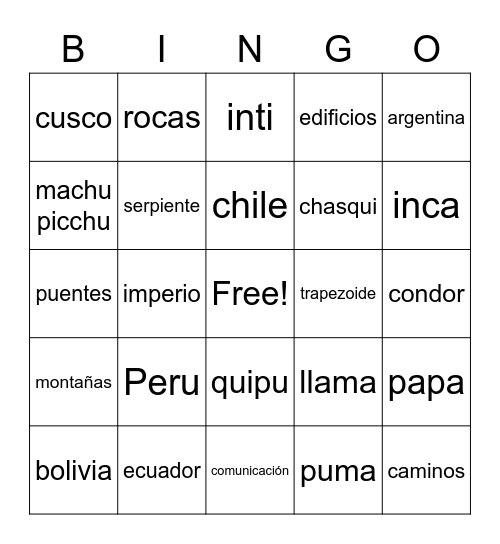 Incas (Intro no pictures) Bingo Card