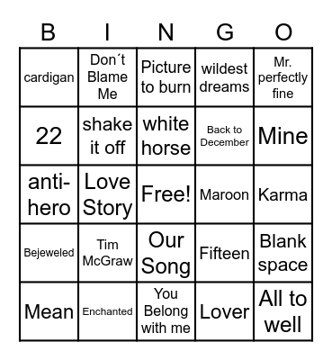 Taylor Swift Song Bingo Card