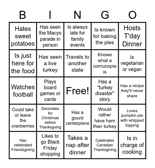 Virtual Thanksgiving Bingo Card