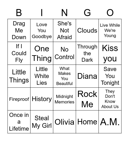 One Direction Bingo Card