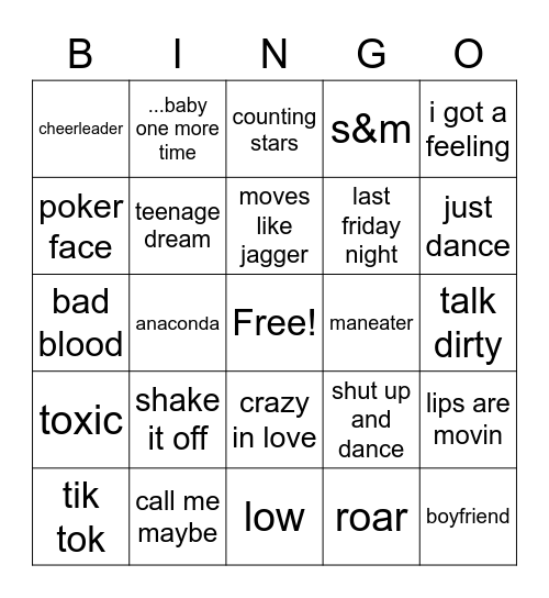 car songs Bingo Card