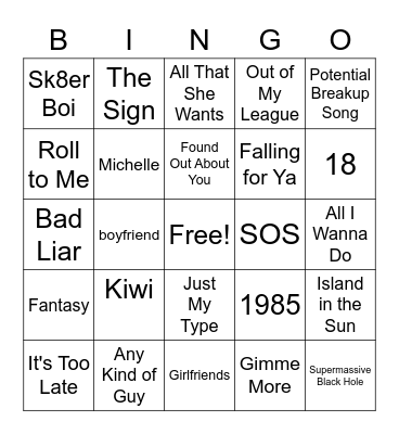 top songs bingo Card