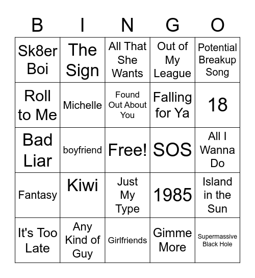 top songs bingo Card