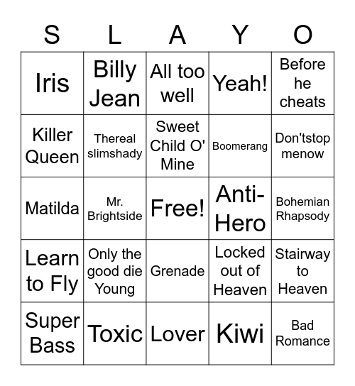 Song Bingo Card