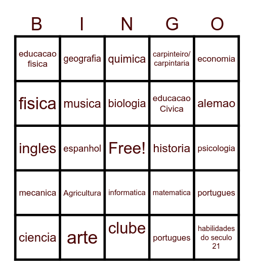 Disciplinas da escola Bingo Card