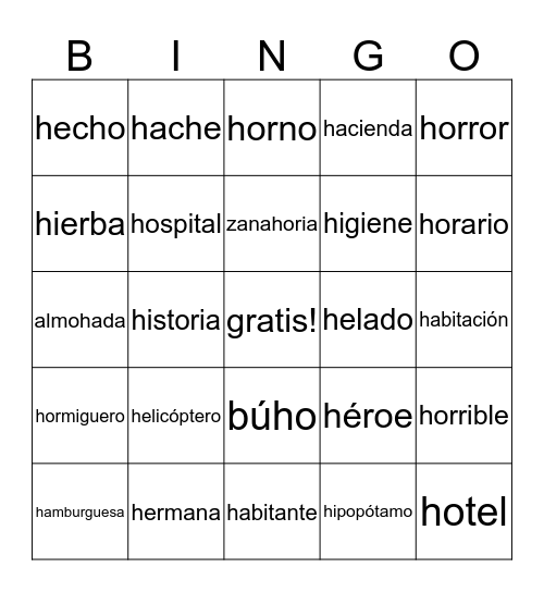 Letra H Bingo Card