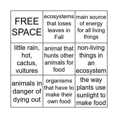 Ecosystems Bingo Card