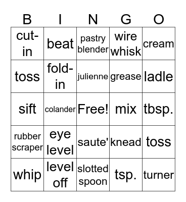 Kitchen Skills Bingo Card