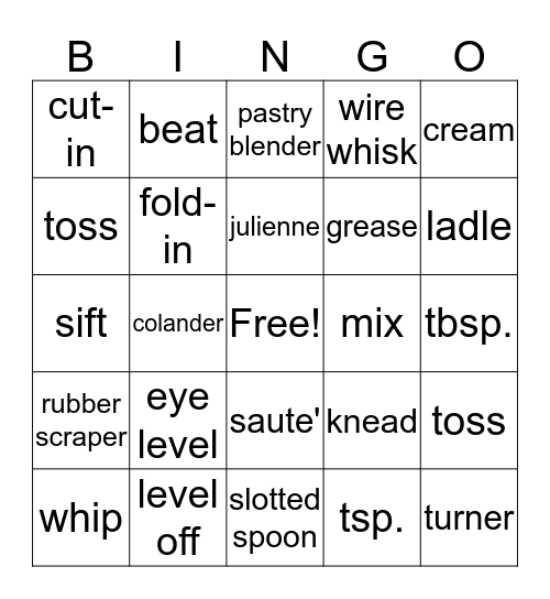 Kitchen Skills Bingo Card