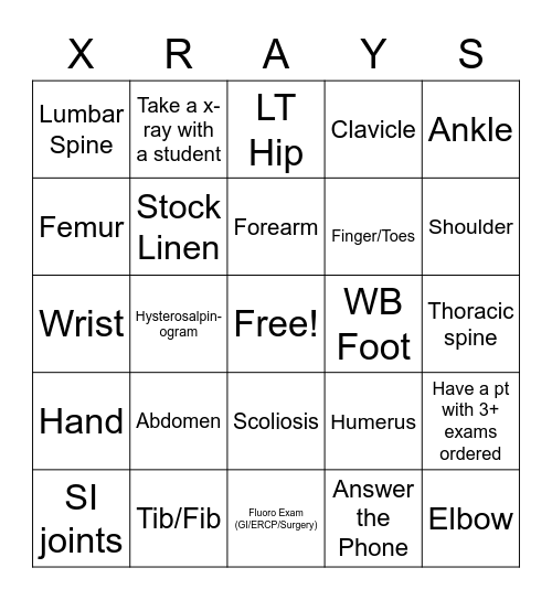 Rad Tech Week Bingo Card