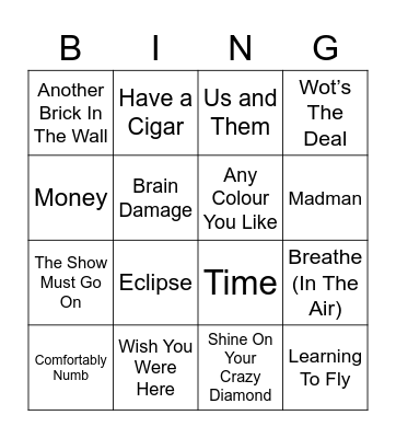 Pink Floyd Bingo Card