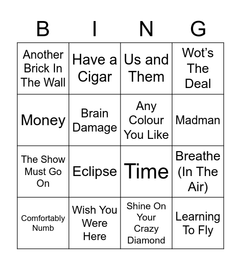 Pink Floyd Bingo Card