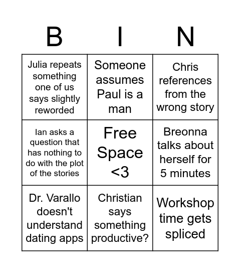 Dorian's Workshop Bingo Card