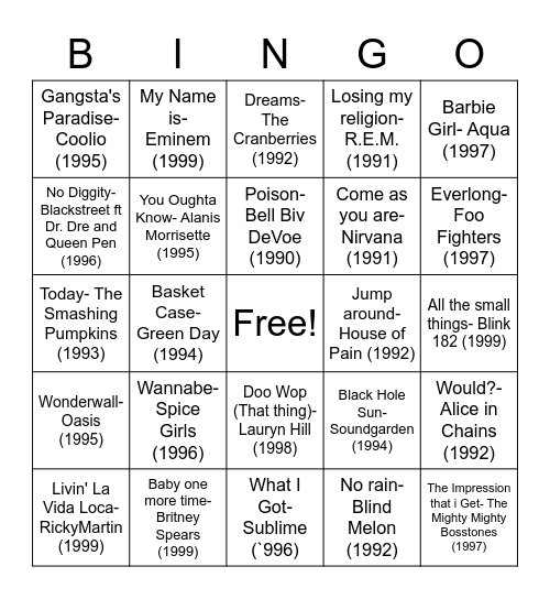 90's Music Bingo Card
