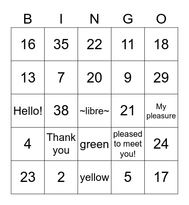 French Numbers 1-39, colors and greetings Bingo Card