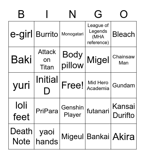 Anime Soc Bingo Card