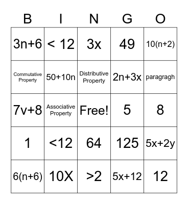 Algebra Bingo Card