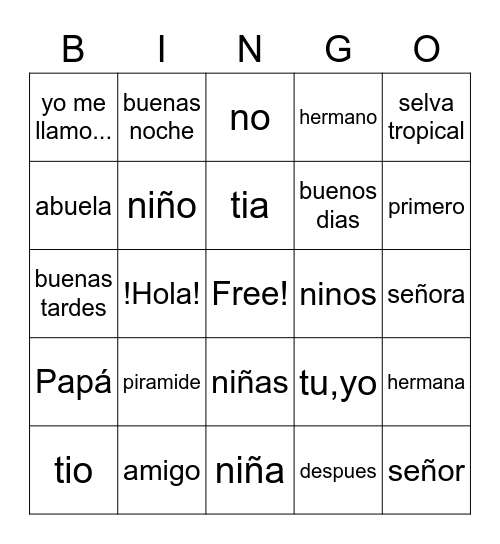 Spanish vocabulary Bingo Card