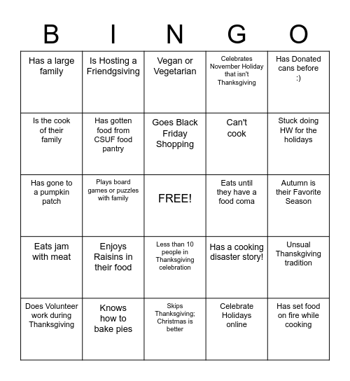 STANCE Thanksgiving Bingo Card