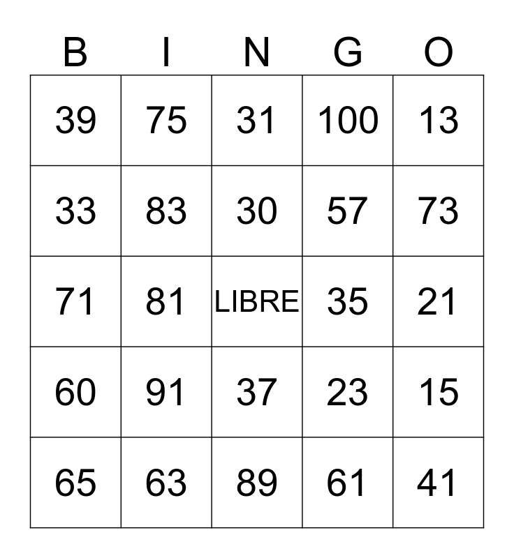 numbers 1 100 bingo card