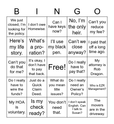 Things Clients Say Bingo Card