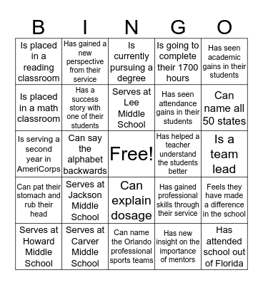 Find an AmeriCorp member who... Bingo Card