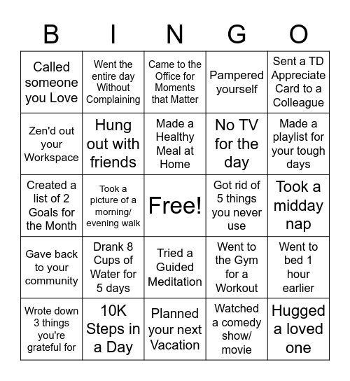 November Wellness Bingo Card