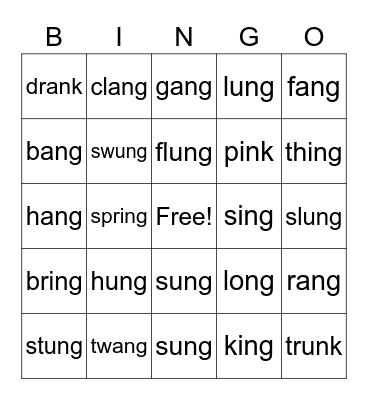 ang, ing, ong, ung Bingo Card