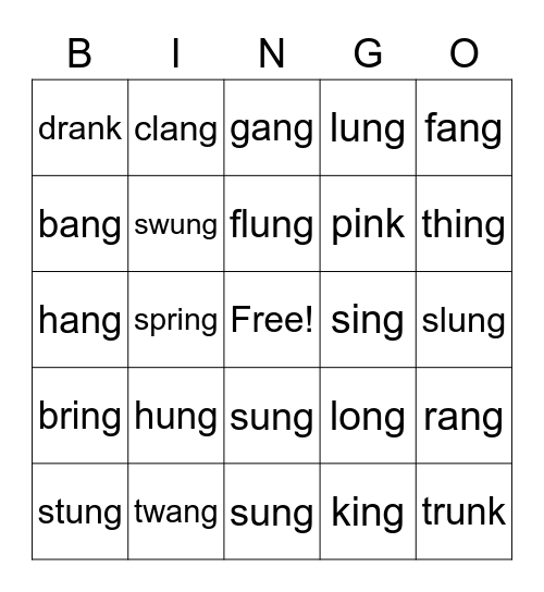 ang, ing, ong, ung Bingo Card