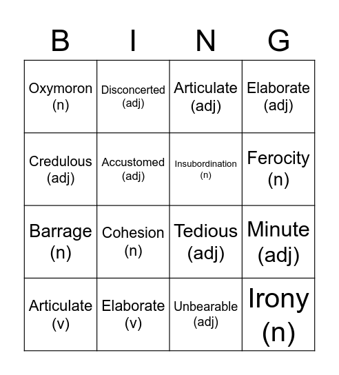 Vocabulary - Set 6 Bingo Card