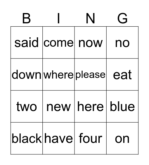 Sight Word Bingo Card