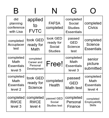 Course Completion Bingo Card