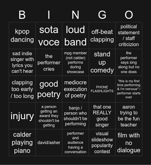 SOTA Showcase Bingo Card